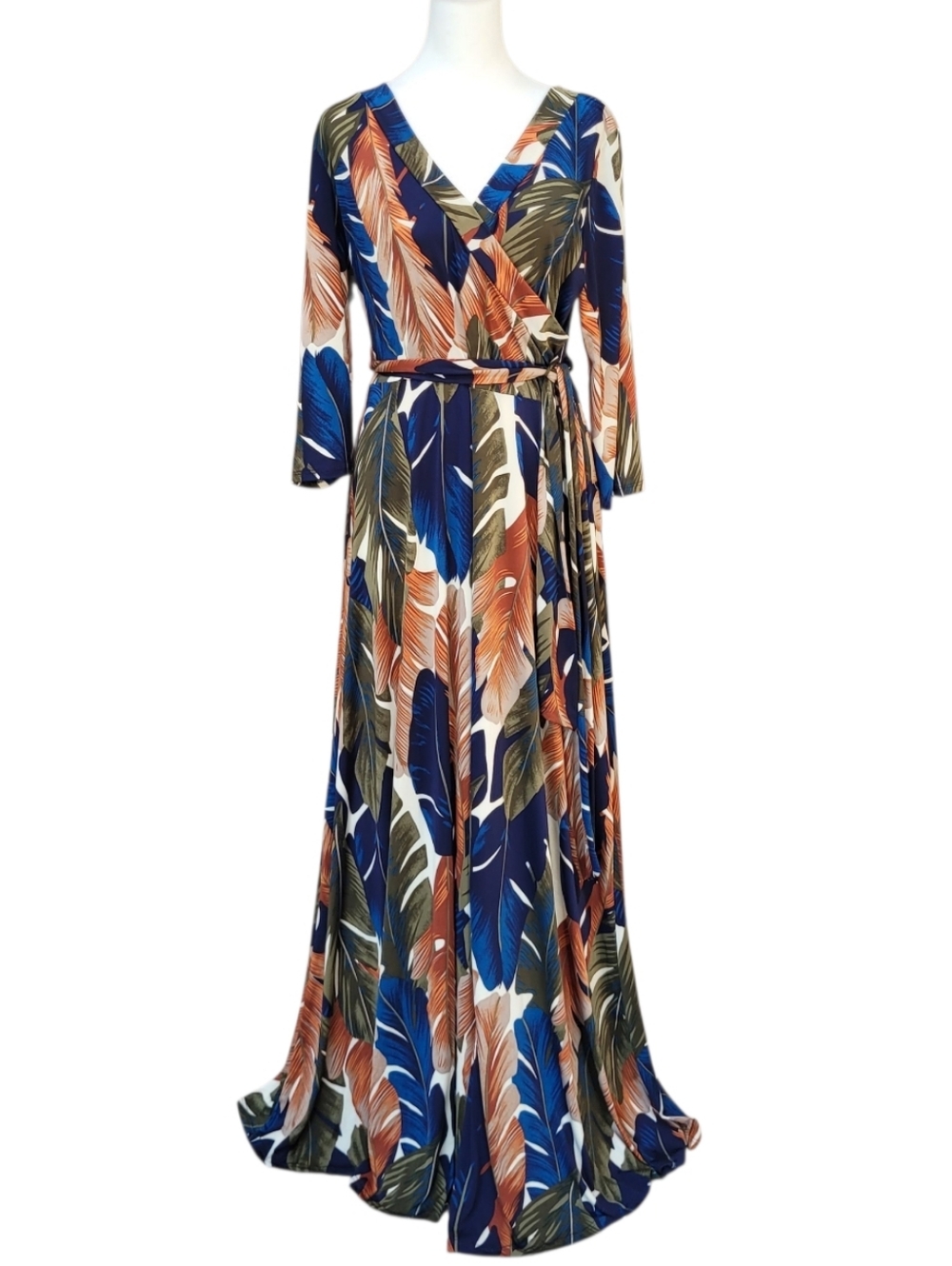 Janette Tropical Leaf Print V-Neck Maxi Dress Blue Brown Flowy Summer Sz XL - Picture 2 of 9